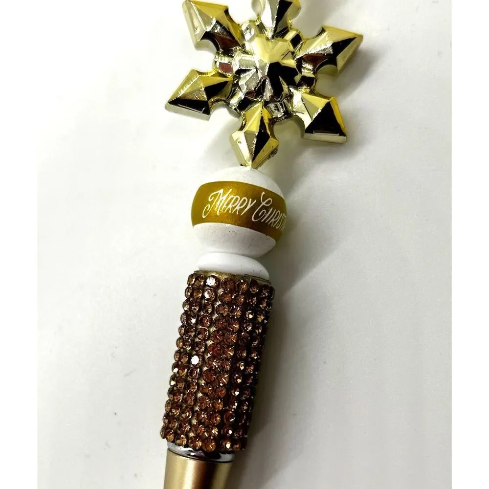 Unique Handmade Merry Christmas Gold Brown Crystal Snowflake Beaded Pen